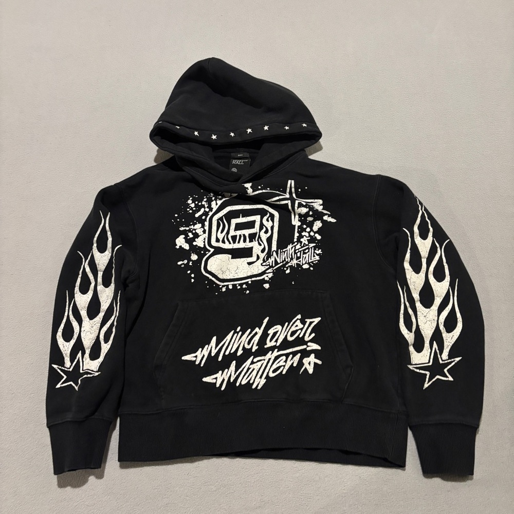 Ninth Hall Boxy Hoodie sz Small Black Graphic Y2K Flame Sleeves Mind Over Matter
